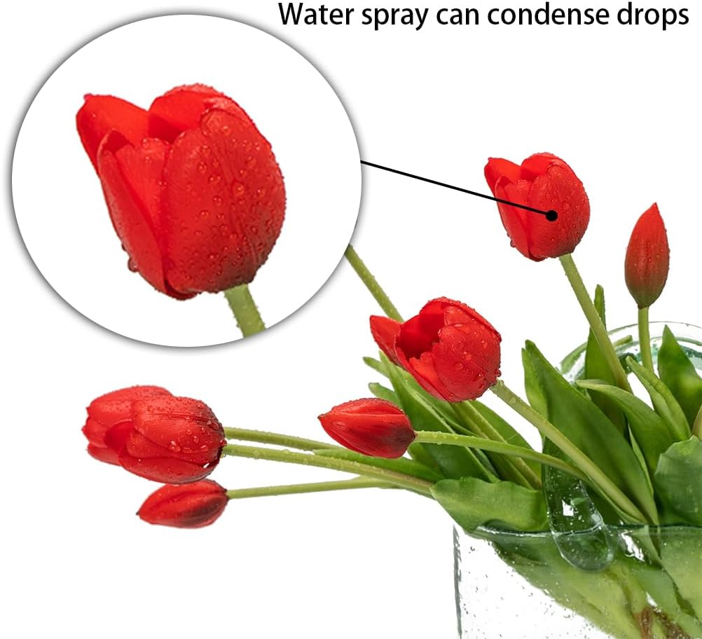 DUYONE 15pcs Artificial Tulips Flowers, Latex Bouquet, Fake Tulips for Office Wedding Party Home Kitchen Garden Decoration(Red,15pcs)