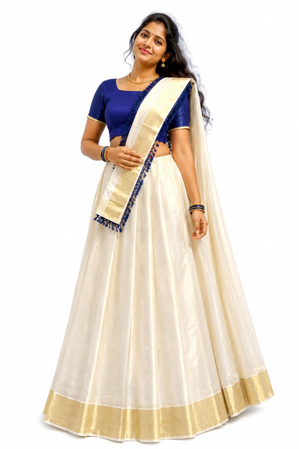 Kerala Kasavu Stitched (Skirt, Dhavani) and Unstitched Blouse-image-32