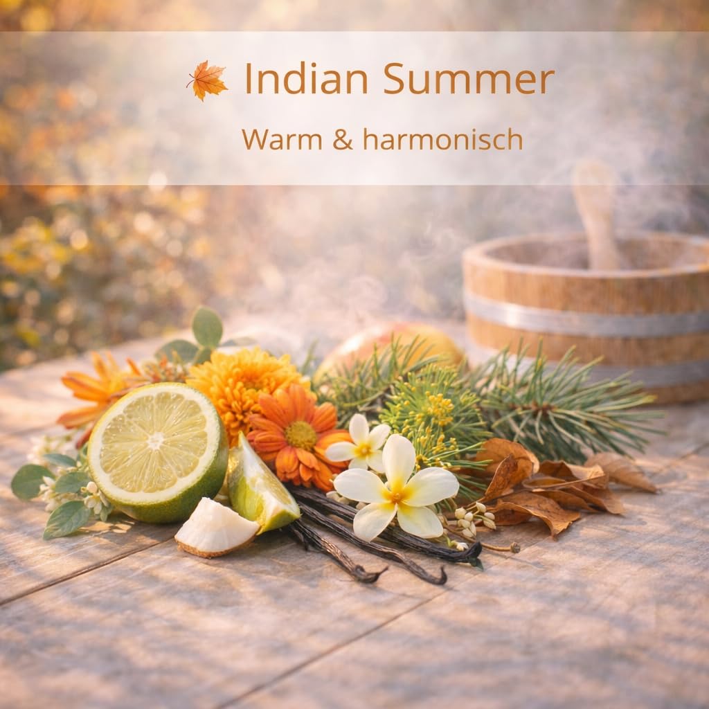 Dufte Momente Saunaaufguss-Konzentrat Indian Summer (Bergamotte, Fenchel, Geranium, Latschenkiefer & Vanille) – 3 Liter – Profi-Qualität gemäß DVN:5204 getestet – vegan & Made in Germany