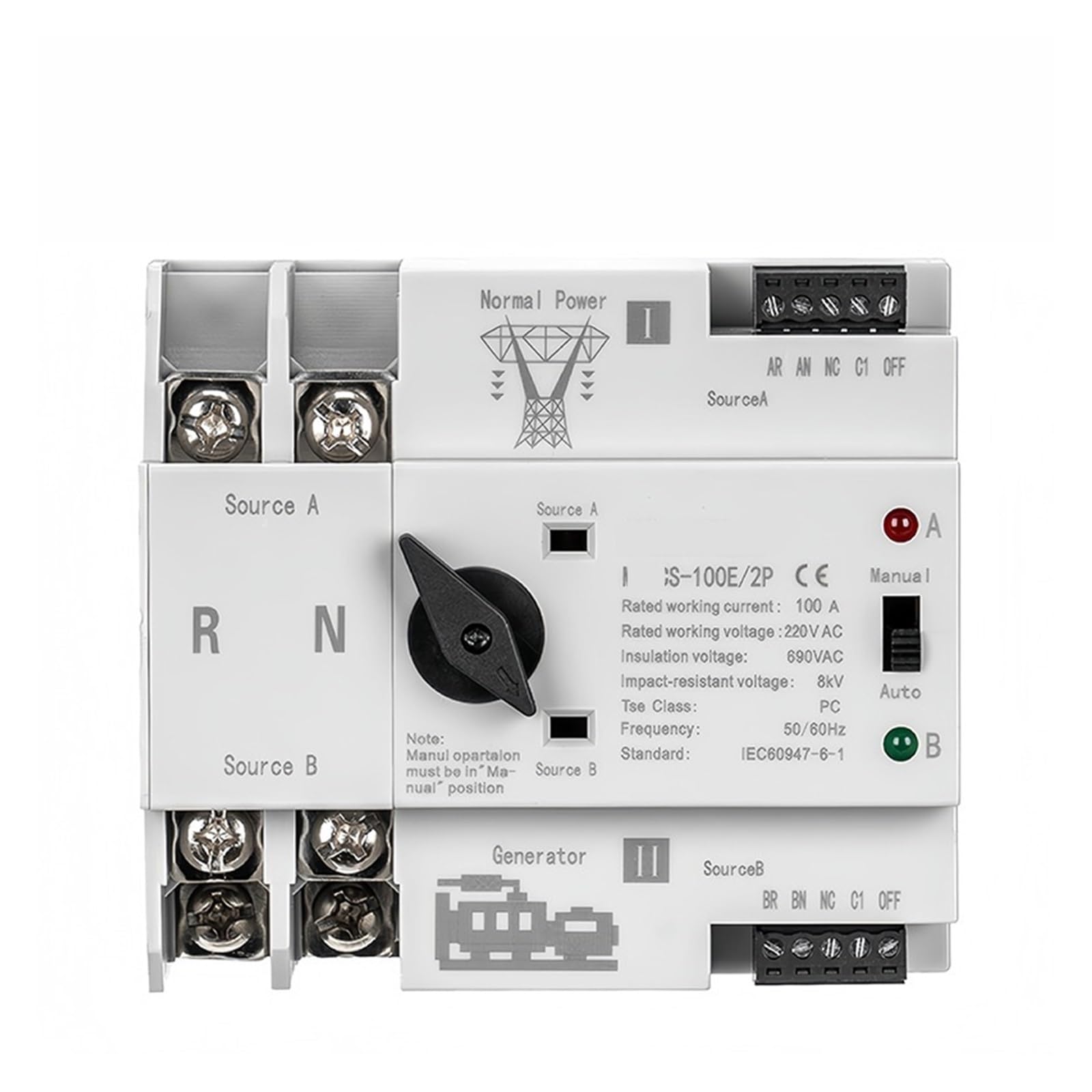 Interruttore di trasferimento automatico a doppia Interruttore di trasferimento automatico a doppia alimentazione 100A 220VAC MATCS-100E 2P Tipo PC