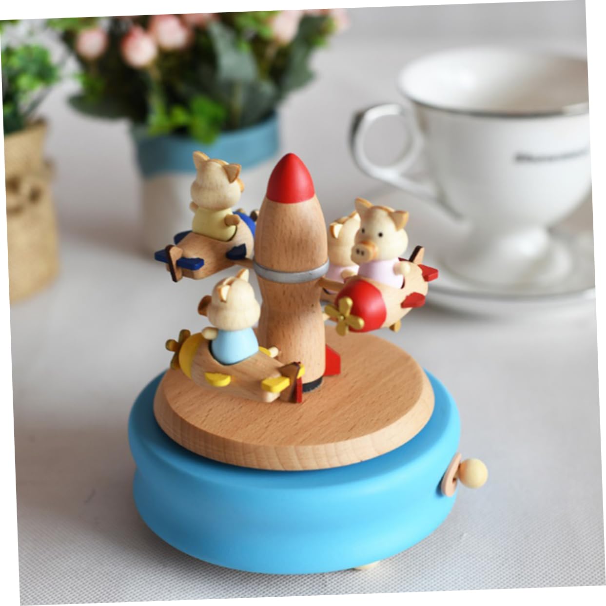 ABOOFAN Rotary Musical Kasten Holz Spieluhr Cartoon Schwein Melodiebox für Kinder Himmel Blau Mechanisch Batterie Erforderlich Handwerkskunst für Weihnachten und Besondere Anlässe