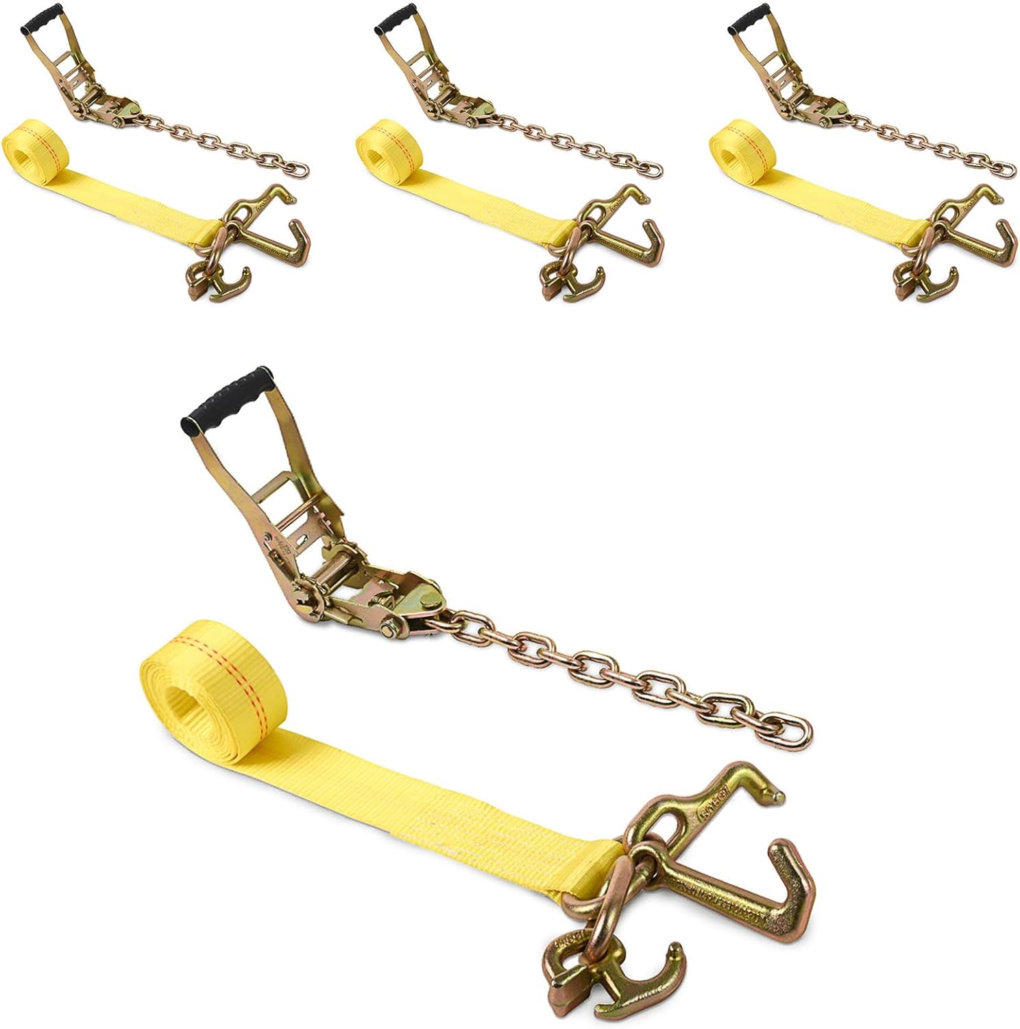 Tie Down Chain Ratchet Straps with 5/16" G70 RTJ Cluster Hook, 18,800 lbs, Heavy Duty Roll Back Car Hauler Tow Ratchets with Chain, for Auto Towing & Recovery, 4 Pack