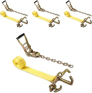 Tie Down Chain Ratchet Straps with 5/16" G70 RTJ Cluster Hook, 18,800 lbs, Heavy Duty Roll Back Car Hauler Tow Ratchets with Chain, for Auto Towing & Recovery, 4 Pack