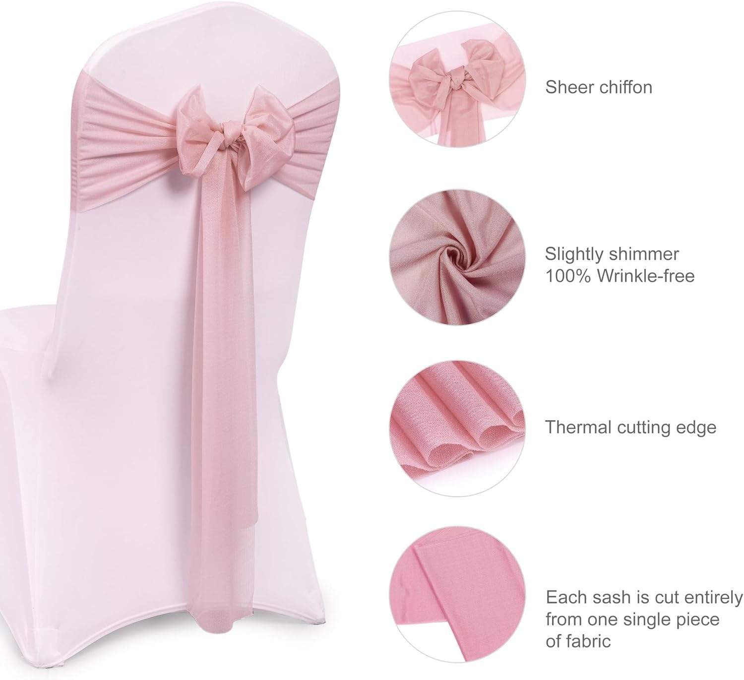 VDS Pack of 100, Dusty Rose, Sheer Chiffon Chair Sashes Bows Chair Cover Back Tie Ribbon for Wedding Birthday Baby Shower Engagement Ceremony Event Party Banquet Restaurant Dining Chair Decoration
