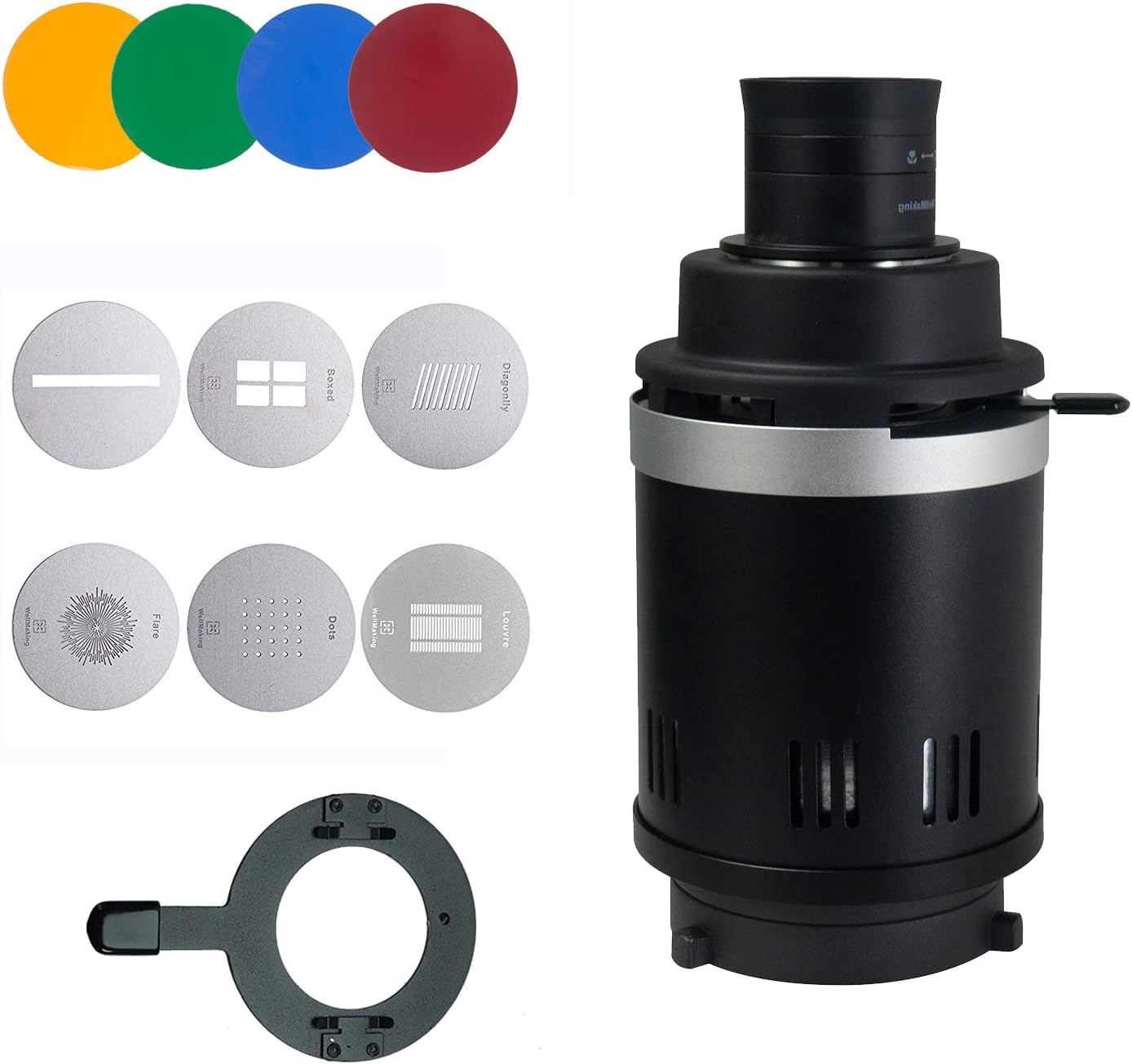 WELLMAKING S-200 Bowens Mount Optical Snoot with Prime Fixed Lens L-60, 60mm F2.8, Accessories for Studio Lighting LED/Flash, Photographic Equipment with 4 Color Filters and 6 Gobos : Electronics