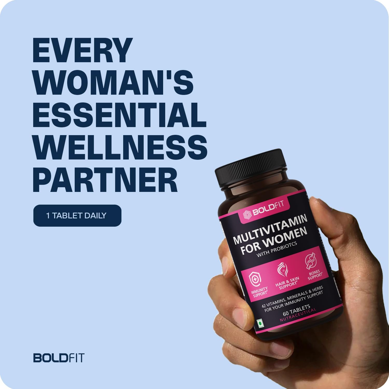 Boldfit Multivitamin for Women with Probiotics Vitamin C, Iron and 42 Ingredients Support for Hair, Skin, Energy & Wellness– 120 Tablets Boldfit Multivitamin for Women with Probiotics Vitamin C, Iron and 42 Ingredients Support for Hair, Skin, Energy & Wellness– 120 Tablets