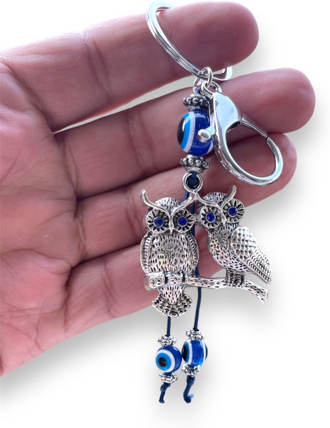 Silver Color Double Owl with Evil Eye Keychain For Bike/Car Gifting With Key Ring (Pack Of 1)