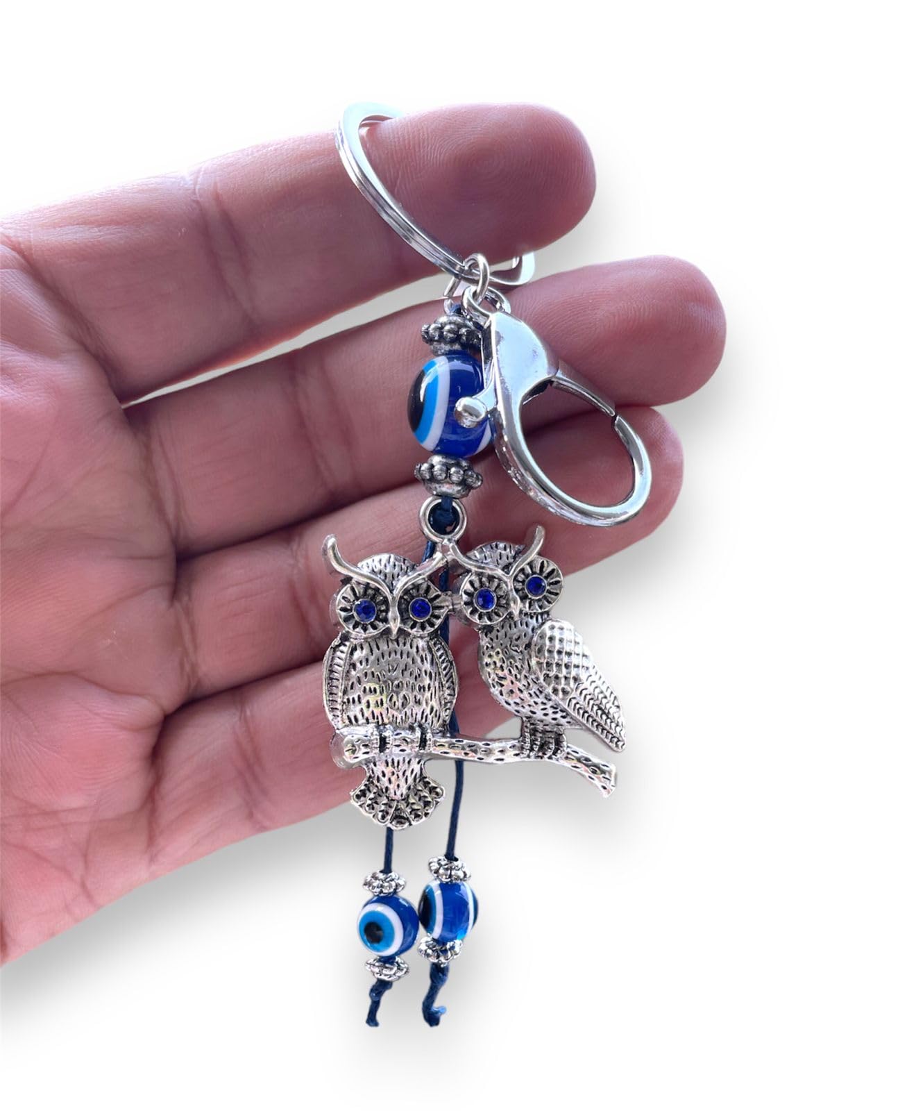 Silver Color Double Owl with Evil Eye Keychain For Bike/Car Gifting With Key Ring (Pack Of 1)