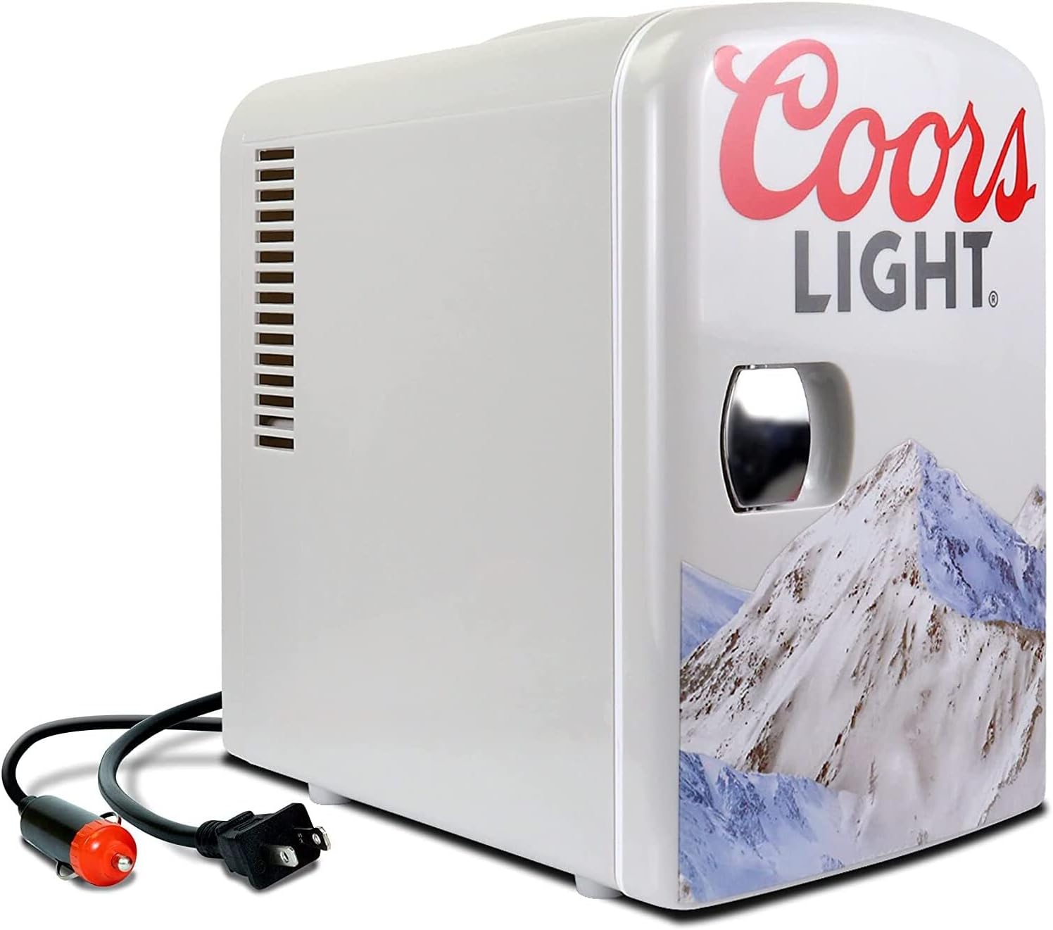 Coors Light 4L Portable Mini Fridge with 12V DC and 110V AC Cords, 6 Can Personal Cooler for Beer, Snacks, Lunch, Drinks, Desk Accessory for Home, Office, Bar, Dorm, Travel, Gray