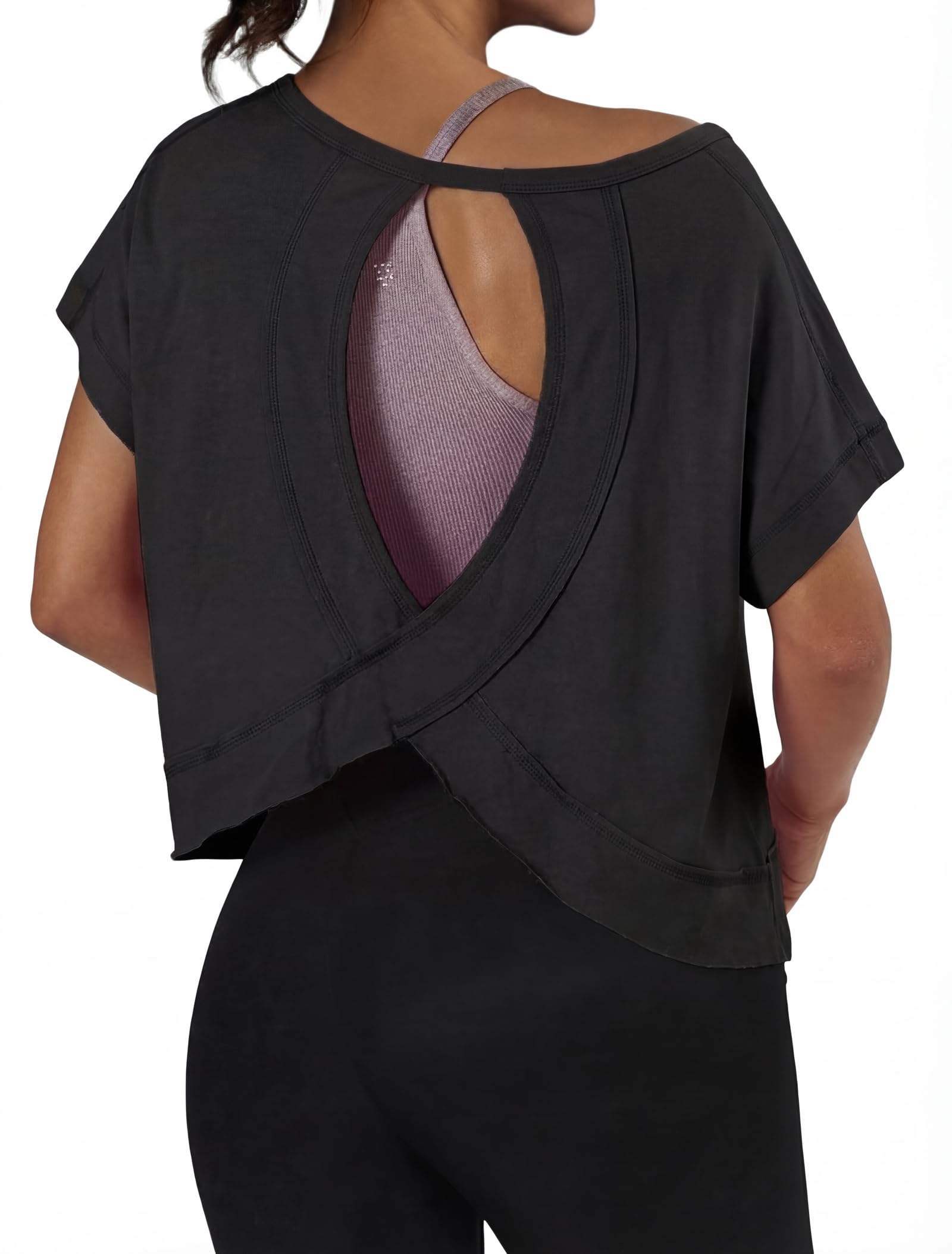 GRECERELLE Womens Open Back Workout Tops Backless Athletic Shirts Casual Crop Running Tee Y2k Yoga