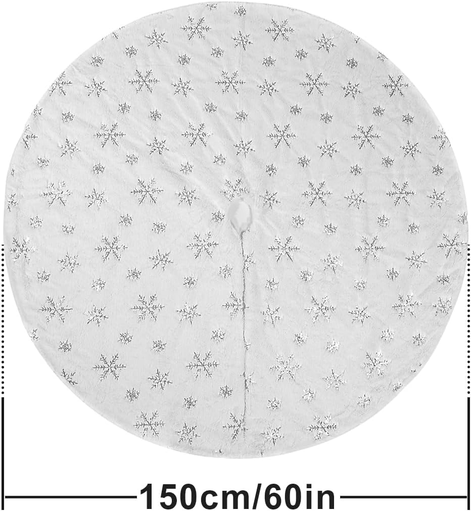 Christmas Tree Skirt, 60 Inch Large Sequin Tree Skirt, White Soft Thick with Silver Snowflakes Xmas Tree Skirt, Perfect for Christmas Party Decorations