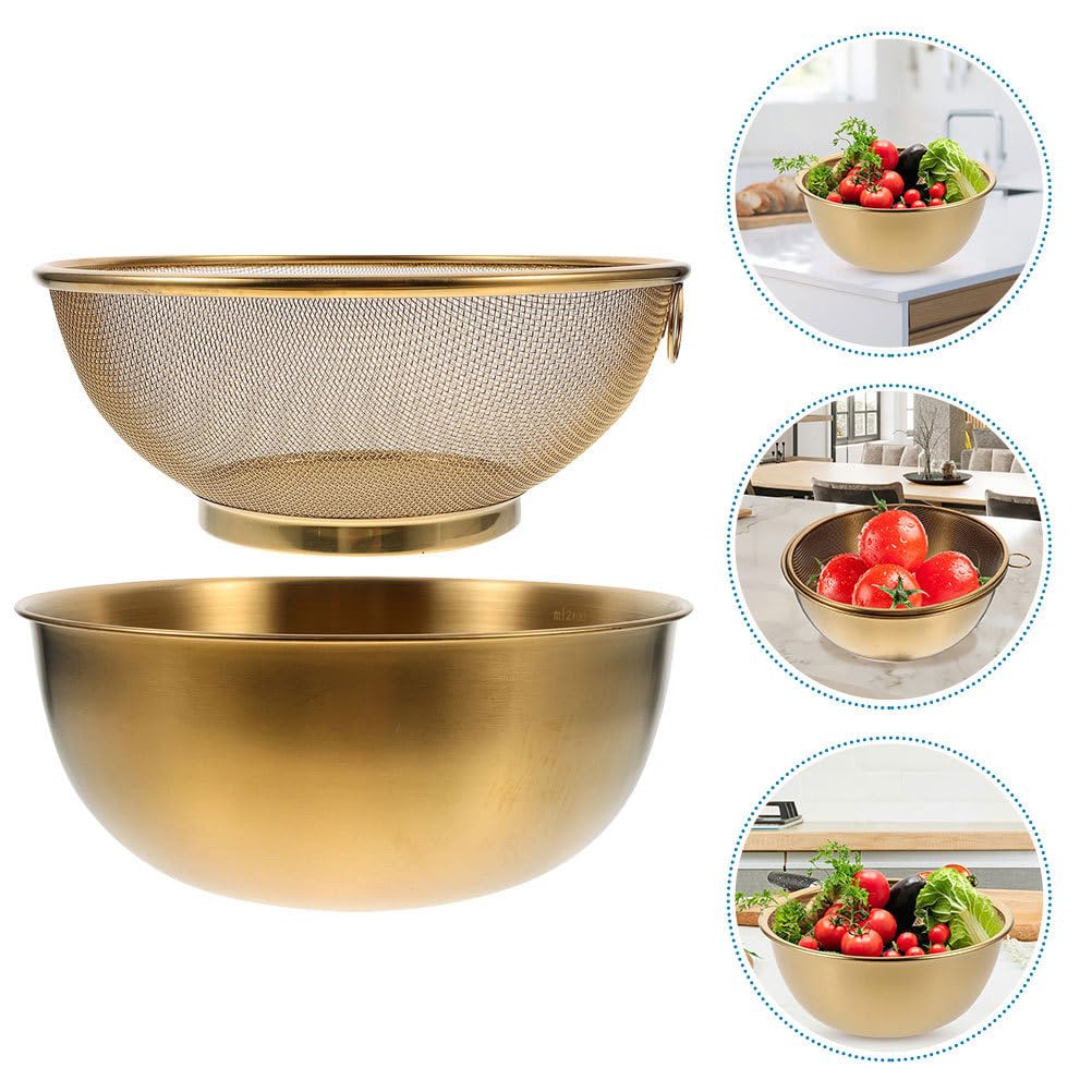 Cabilock Colador de acero inoxidable dorado de 24 cm con malla fina, cesta escurridora redonda para lavar y escurrir arroz, frutas, verduras y pastas, tamiz de cocina para fregadero y preparación