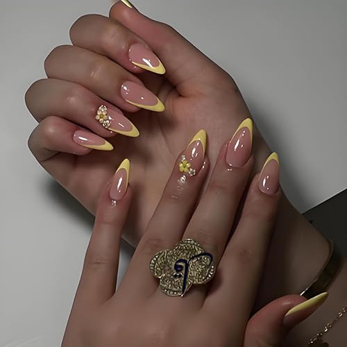 Yellow French Tip Press on Nails Medium Almond Fake Nails