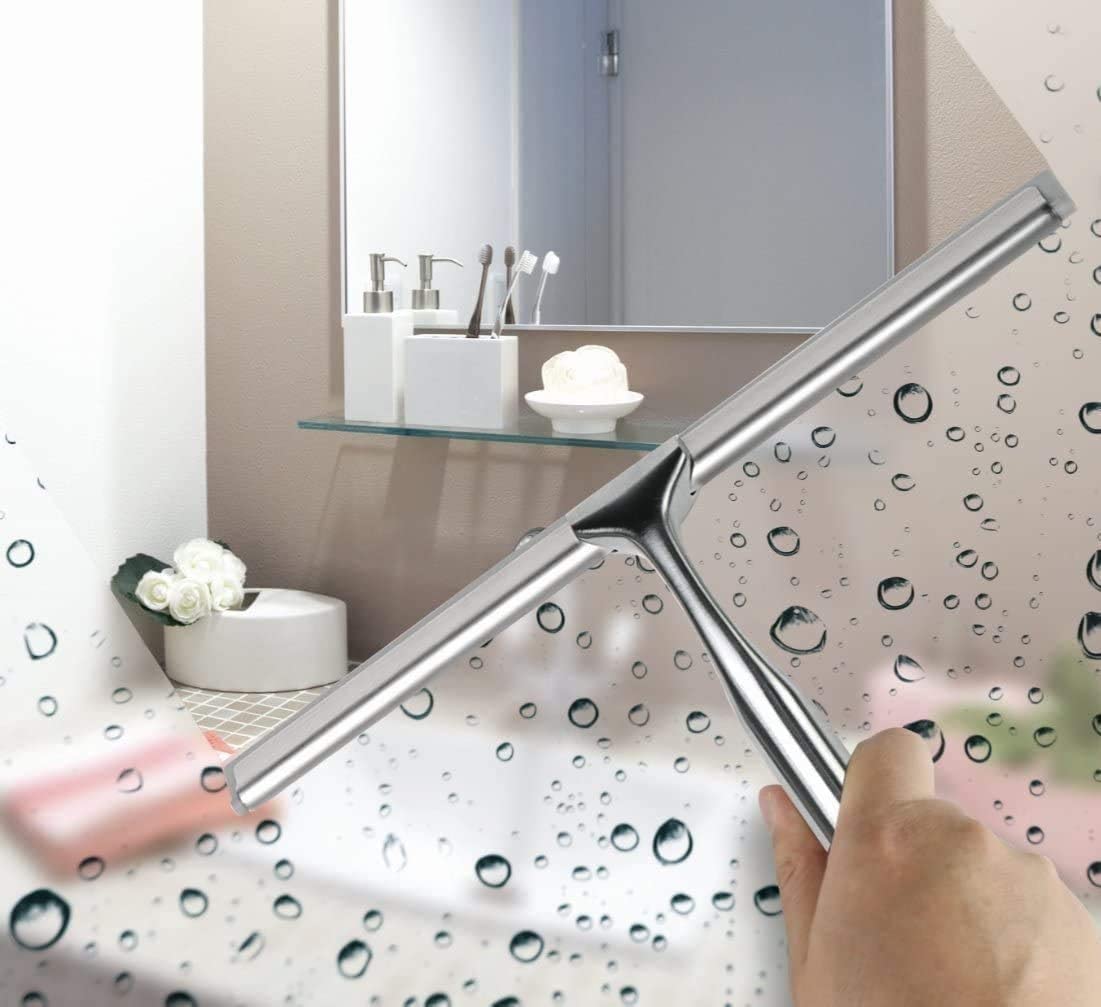 Duschabzieher, Edelstahl-Abzieher, Abzieher for Dusche und , Spiegelwischer, Fenster-Fliesenschaber for Badezimmer, Boden, Küche, Nassraum, Spiegel, Autofenster mit schönem, bequemem Griff und Aufbewa
