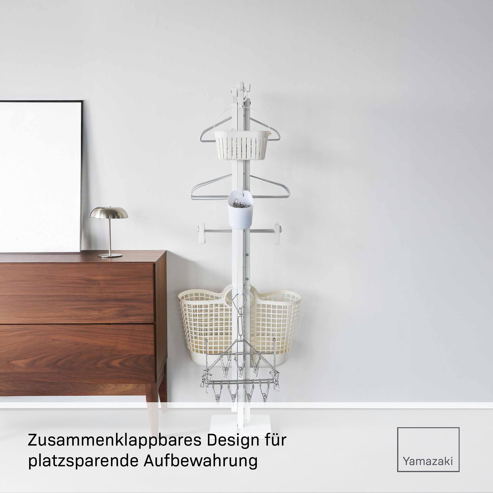 YAMAZAKI Tower Klappbarer Zweistangen-Wäscheständer, schwarz | Stahl, Für den Innenbereich, Cleveres Eckdesign, Zusätzliche Haken, 25 x 278,6 x 142 cm, Japanisches Design