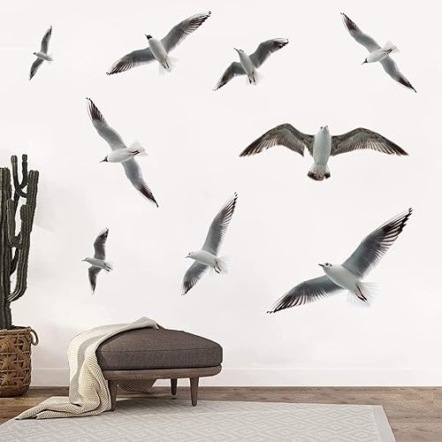 Miniatura 9 de Calcomanías de pared de gaviota 3D para despegar y pegar, calcomanías de vinilo para decoración de pared de pájaros marinos voladores para sala de
