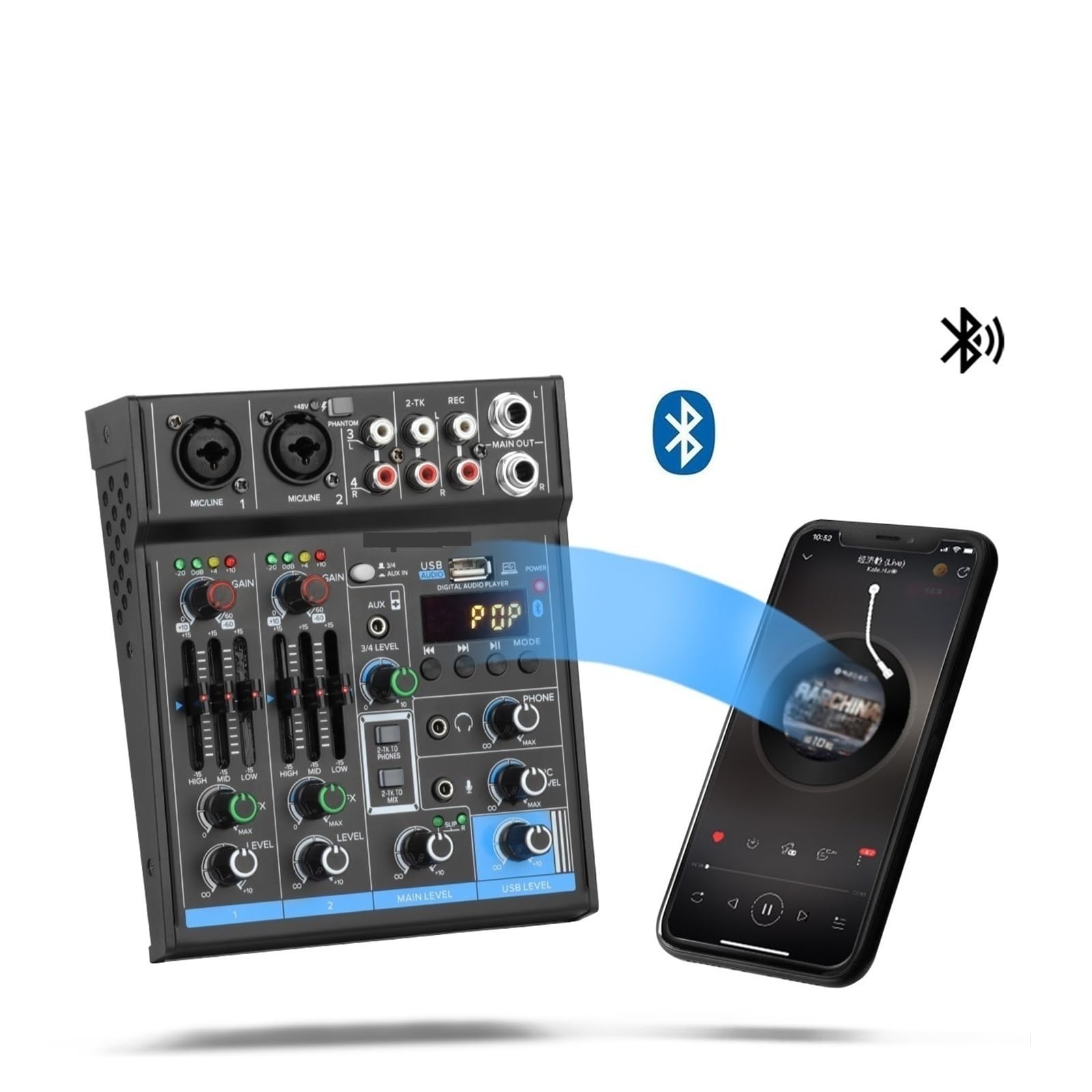 Mezclador de audio, Mini mezclador profesional de 4 canales con tarjeta sonido USB y alimentación fantasma 48 V for grabación en estudio, consola mezclas for DJ