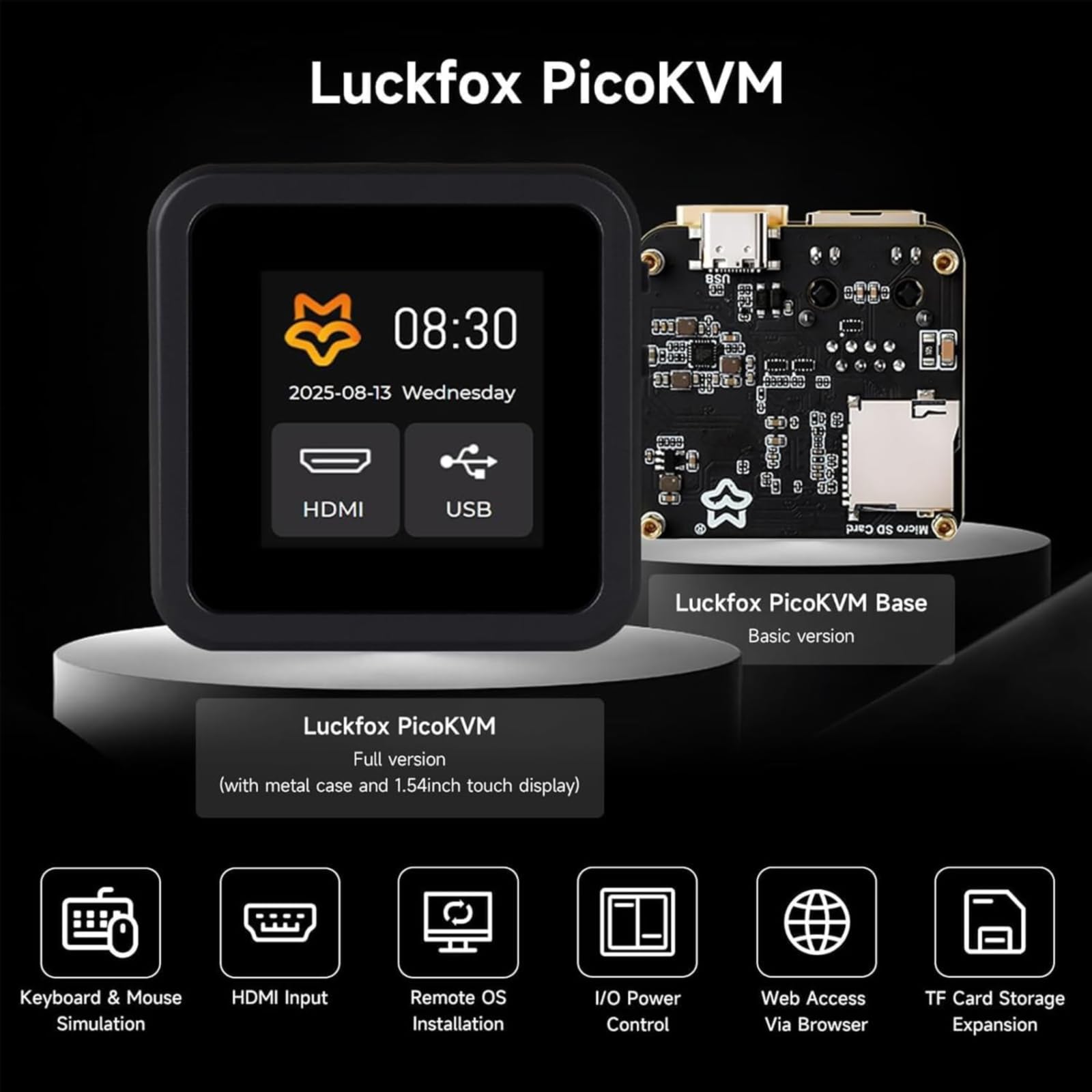 Luckfox PicoKVM Lightweight IP KVM Remote Management Tool, Supports 1920 × 1080@60fps HDMI Video Input and HID Signal Output for Device Control (1 piece,Full Kit)