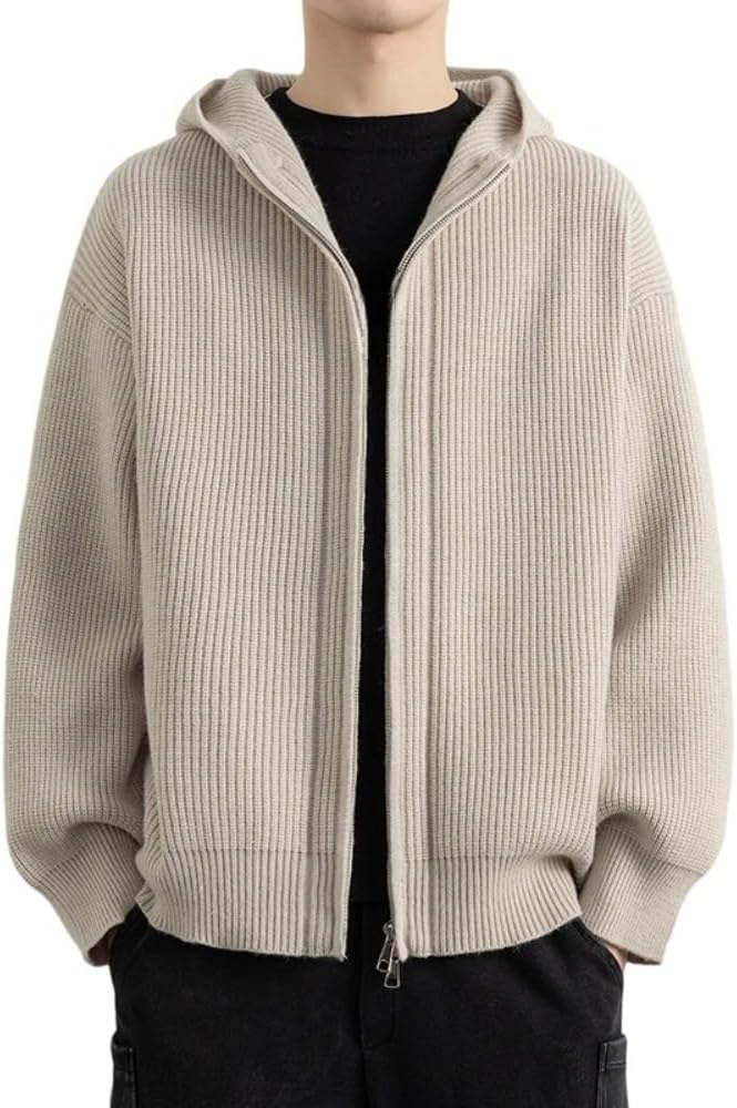 Men's Hooded Zippered Sweater Fall Winter Loose Knit Cardigan