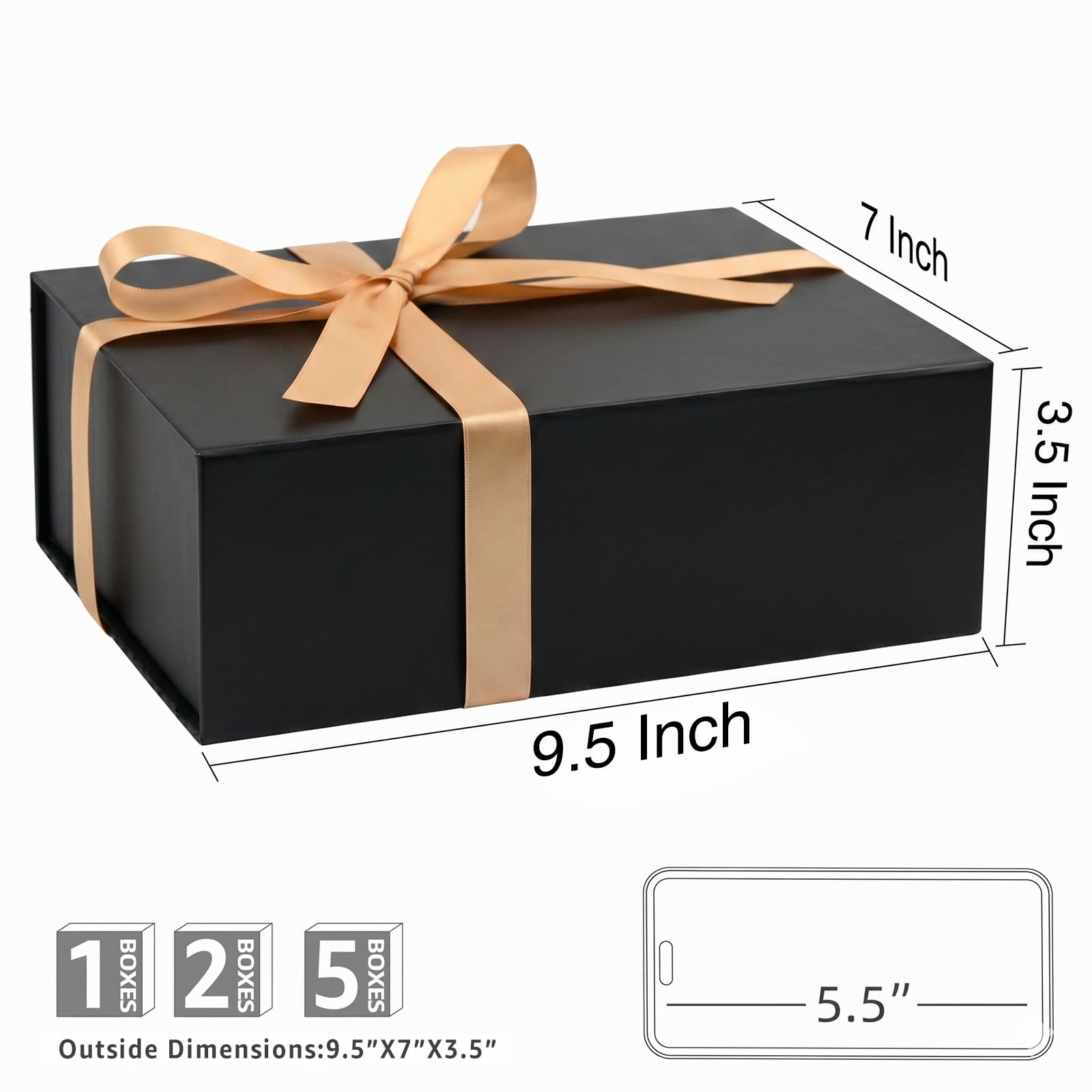 LIFELUM Confezione da 5 scatole regalo pieghevoli nere 24,1 x 17,8 x 8,9 cm, con coperchio magnetico, nastro, biglietti di auguri, riempitivo di carta triturata per la festa del papà, testimoni dello
