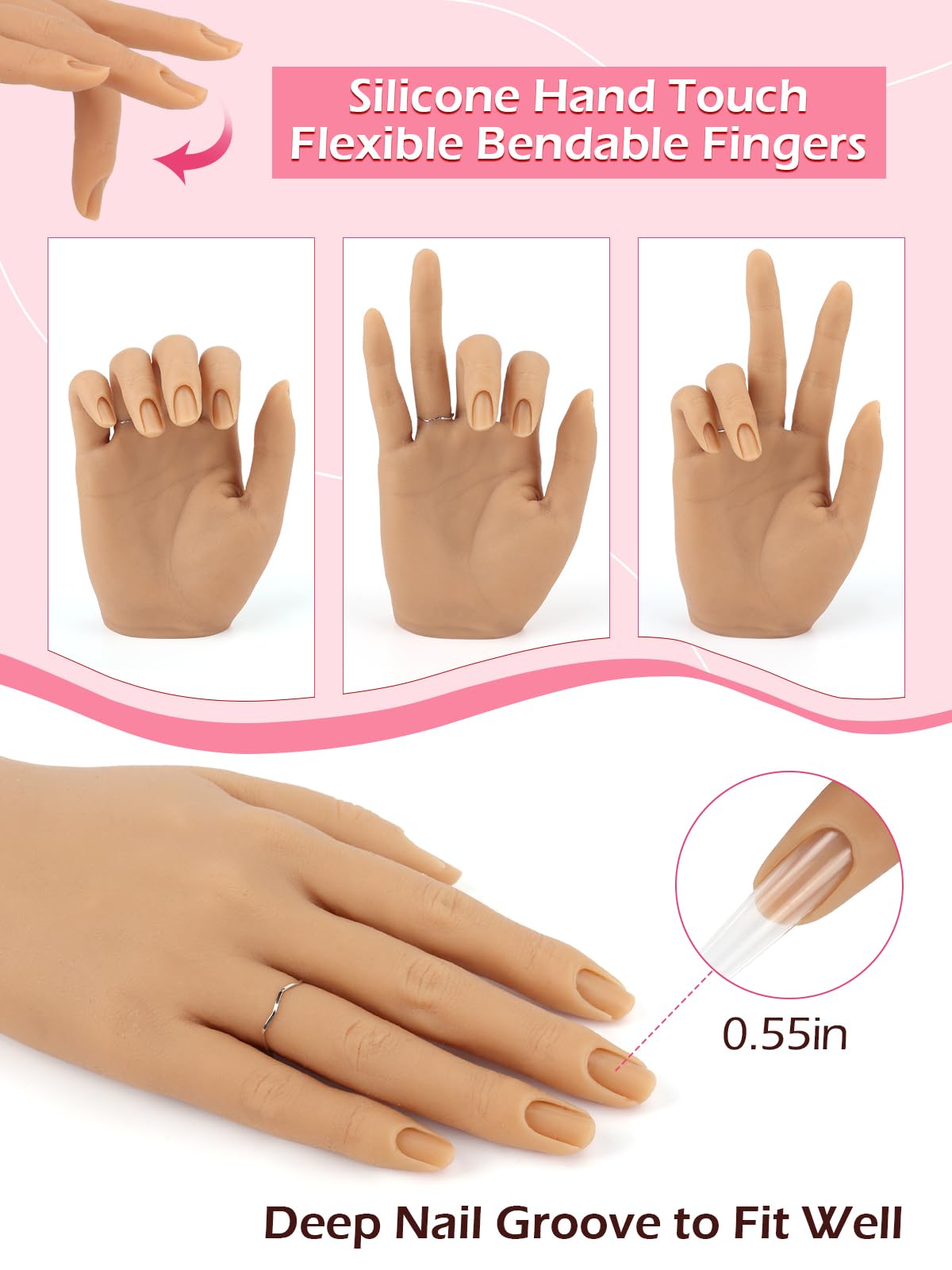 Mano para Practicar Uñas - Silicona Mano de Práctica con 240 Piezas 3XL de Uñas - Flexible Dedos para Practicar Uñas para Principiantes Salón Casa, Natural