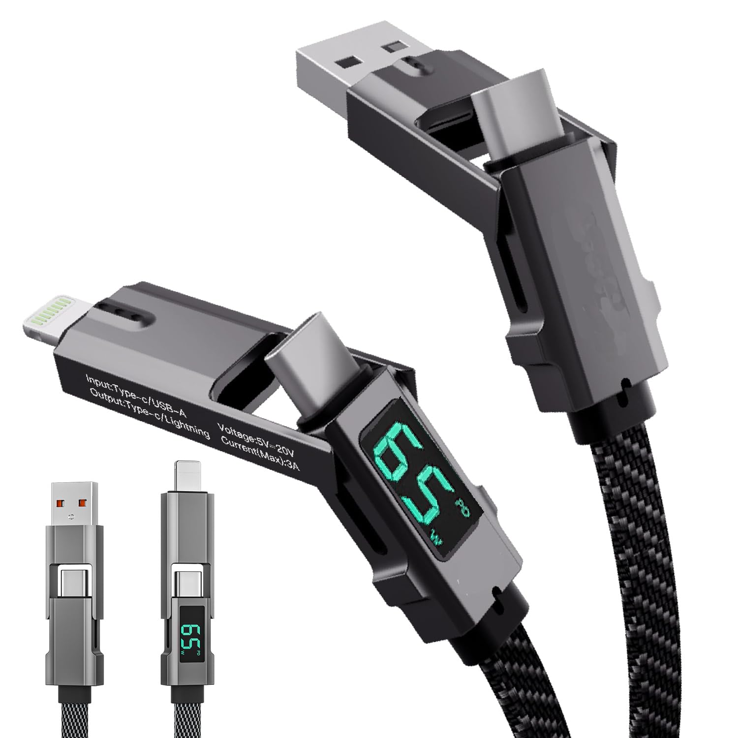 4-in-1 USB C Charging Cable, 1.5 M, LED Display, 65W Fast Charging, Compatible with iPhone 15 Pro Max, iPad Pro, Macbook, Samsung, Power Bank