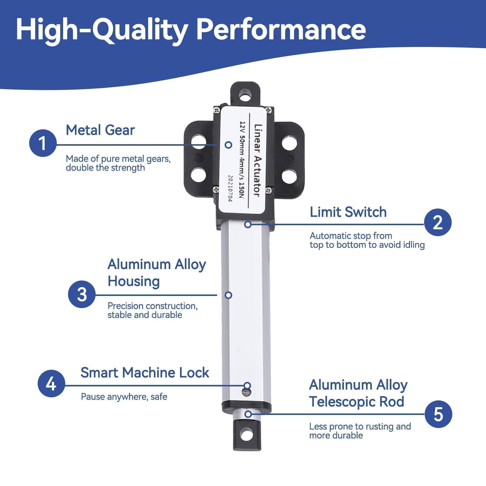 Linearaktuator Mini Electric Linear Motion, 50 mm Linearaktuator, 50mm-4mm/s-150N 12 V DC Mini Electric Linear Actuator Motor Interner Endschalter Lineartechnik-Aktuatoren für die Automobilindustrie