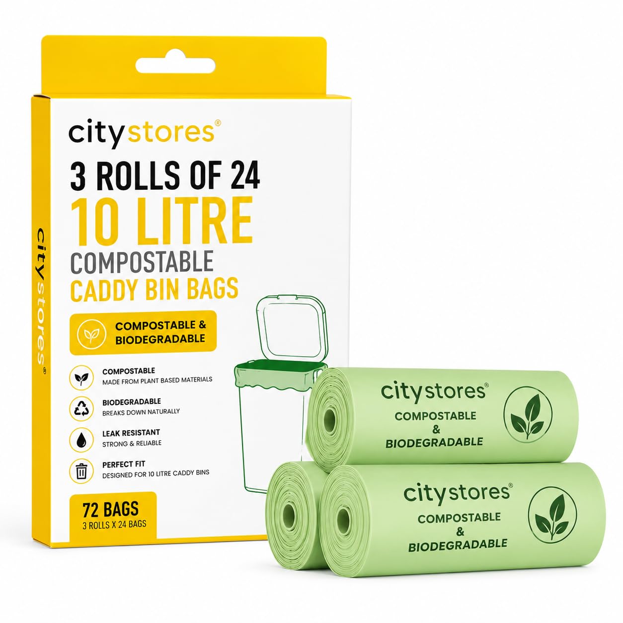 Citystores® 72 Compostable Caddy Bin Bags 10 Litre – 3 Rolls x 24 Food Waste Bags, Biodegradable Kitchen Compost Bin Liners, Leak Resistant, Plant Based Waste Bags for Home & Garden