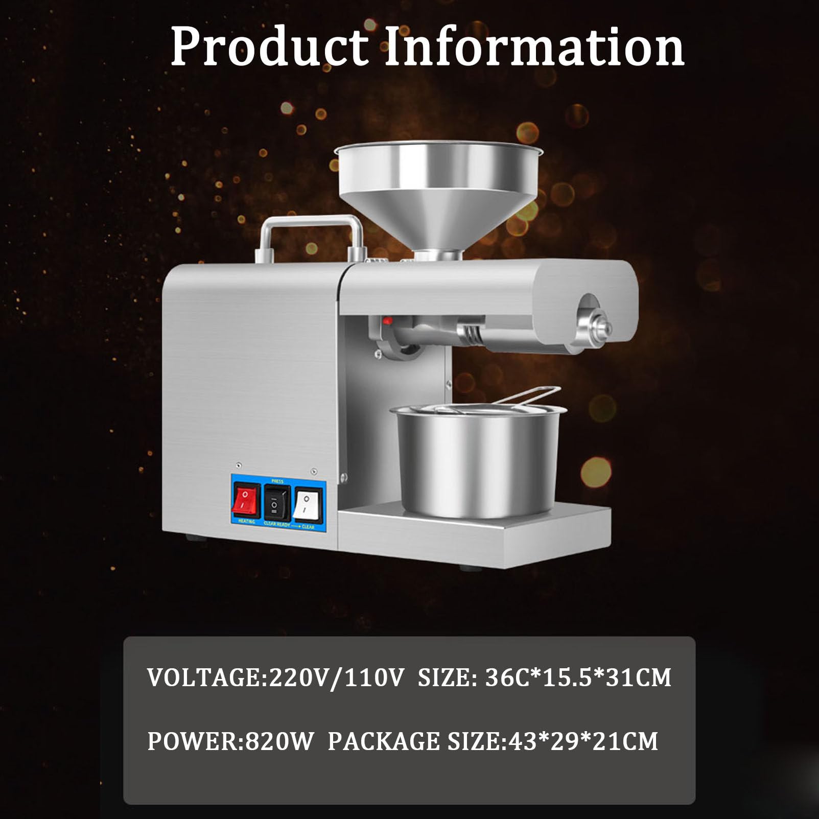 Pressa per Olio da 820 W Pannello per Olio in Acciaio Inossidabile per Arachidi Sesamo Semi di Lino Noce Girasole Pressatura Disponibile Alta resa in Olio