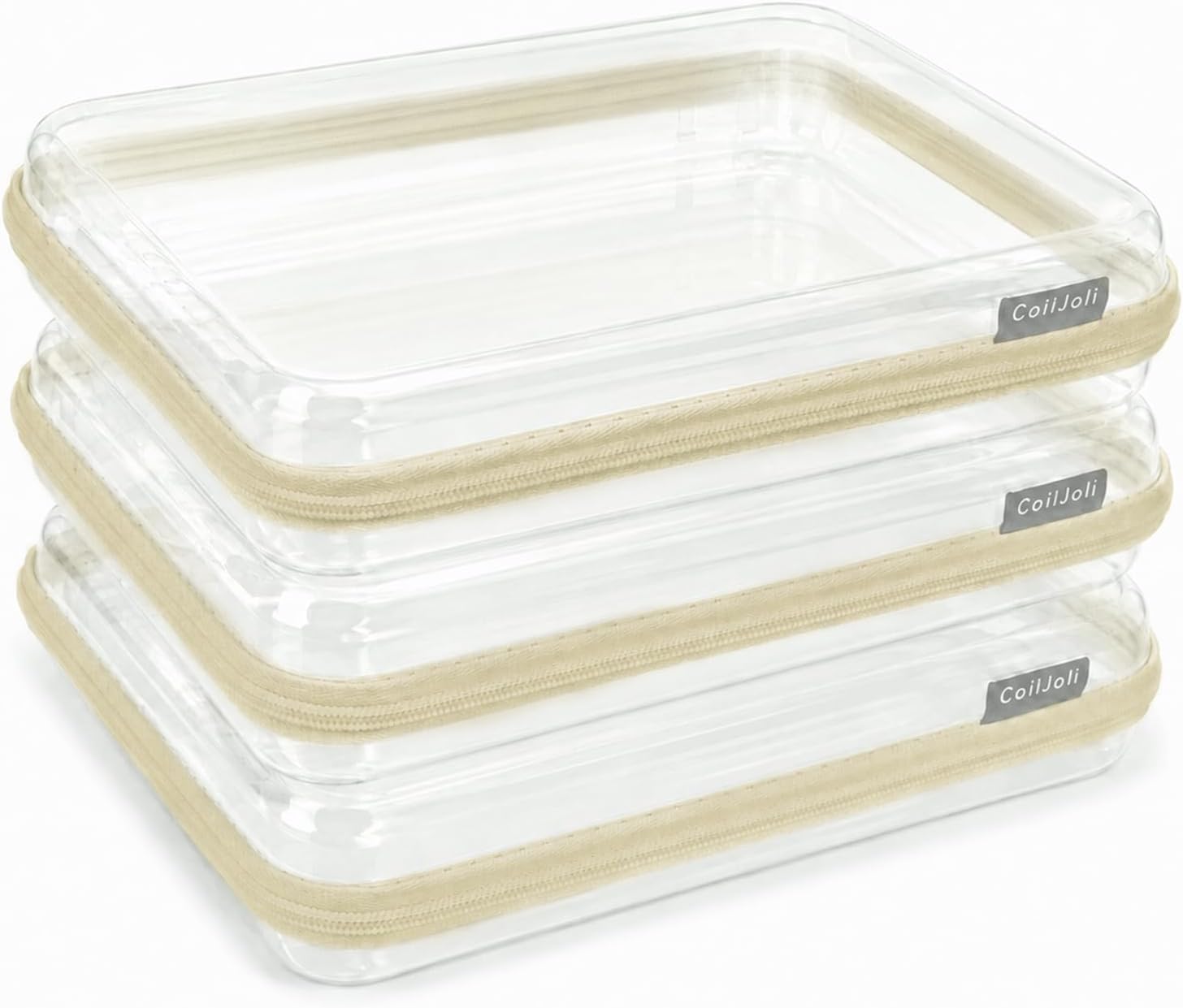 CoiiJoii 3PCS Large Clear Hard Shell Zippered Case, Diaper Bag Organizing Pouches, Waterproof Cosmetic Bag, Storage Organizer Bins. Beige