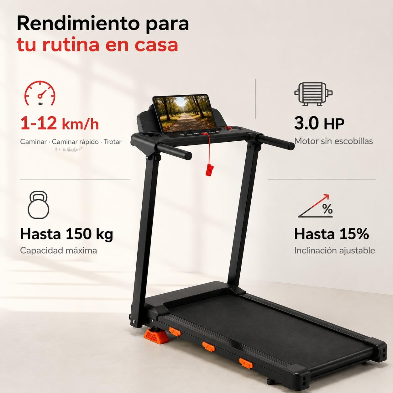 Cinta de Correr y Andar Plegable para Casa, 1-12 km/h, Motor sin Escobillas de 3.0 HP, Inclinación 3 Niveles hasta 15%, Pantalla LED, Soporte 150 kg