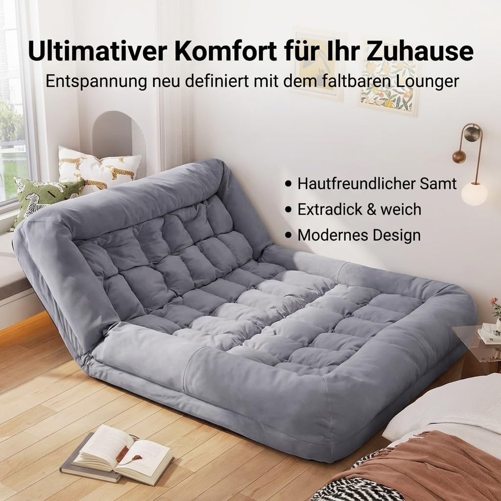 Bodensofa Schlafsofa, Textil Couch mit Schlaffunktion 180x130cm, 5-Fach verstellbar, inklusive 2 großer Kissen, Grau