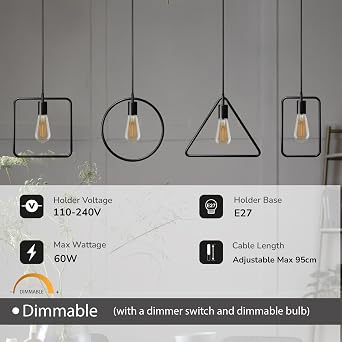 LEDSone Circle Shape Black Pendant Ceiling Lights Shade Metal Frame E27 Holder DIY Minimalist Hanging Lights with Adjustable Wires for Living Room Coffee Shop Hotel Hallway Bar [Energy Class A]