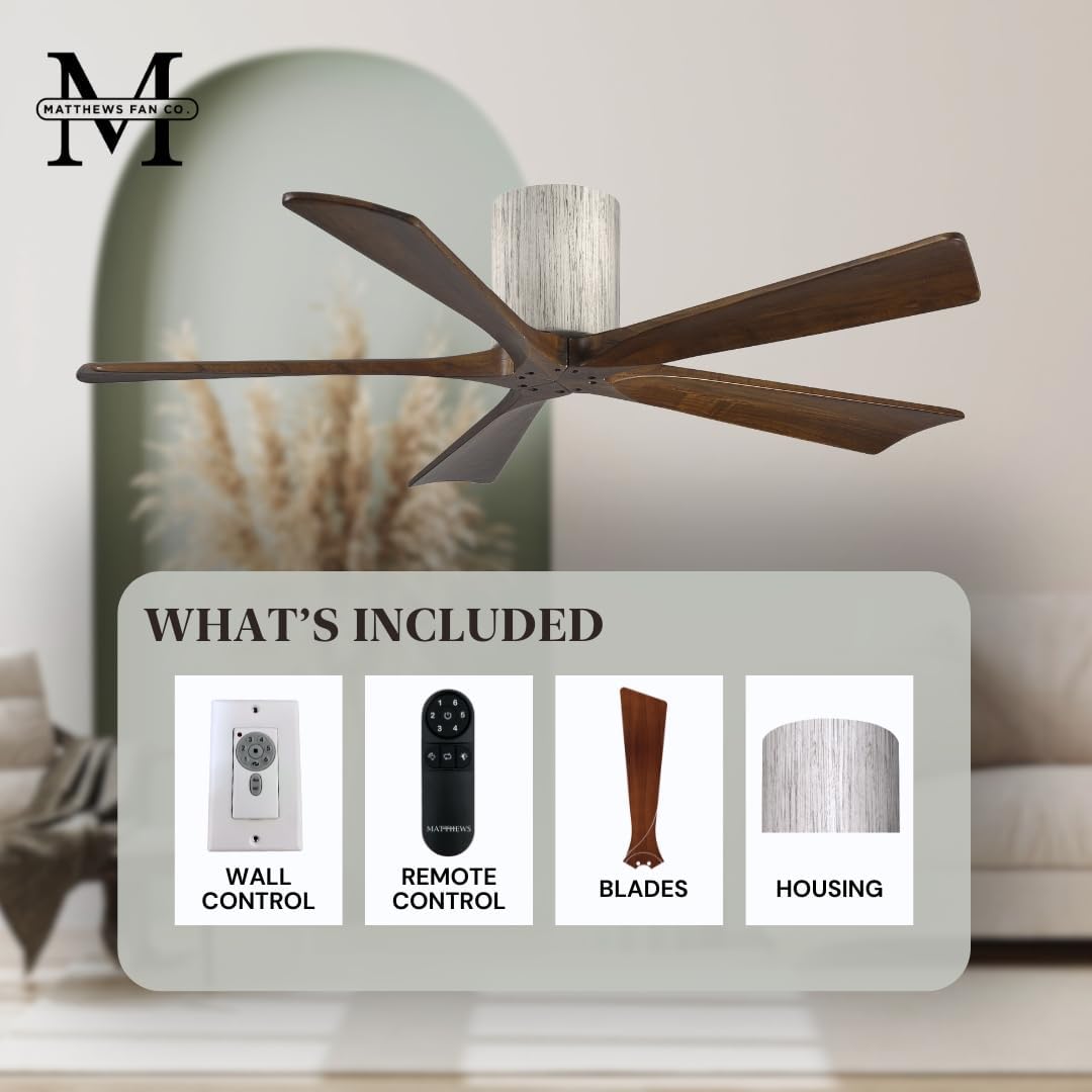 Matthews IR5H-BW-WA-52 Irene Damp Rated 52" Flush Mount Ceiling Fan with Remote & Wall Control, Silent DC Motor, 5 Walnut Tone Solid Wood Blades, Barn Wood Tone