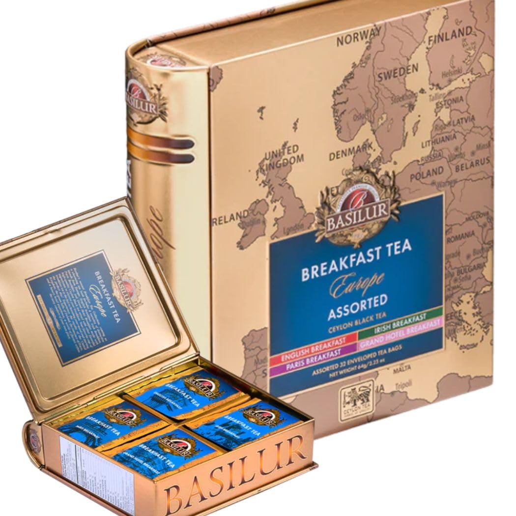European Breakfast Tea Gift Set - Elegant Book Tin Caddy | 32 Foil Wrapped Tea Bags | 4 Premium Blends: English Irish Paris & Grand Hotel Breakfast | Tea Lovers Gift