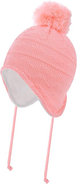 WLLHYF Girls Knit Hats, Ski Mask for Kids Pink Gray Cute Winter Caps with Warm Ear Flap Girls Beanie Suit for Skiing, Trapping, Playing
