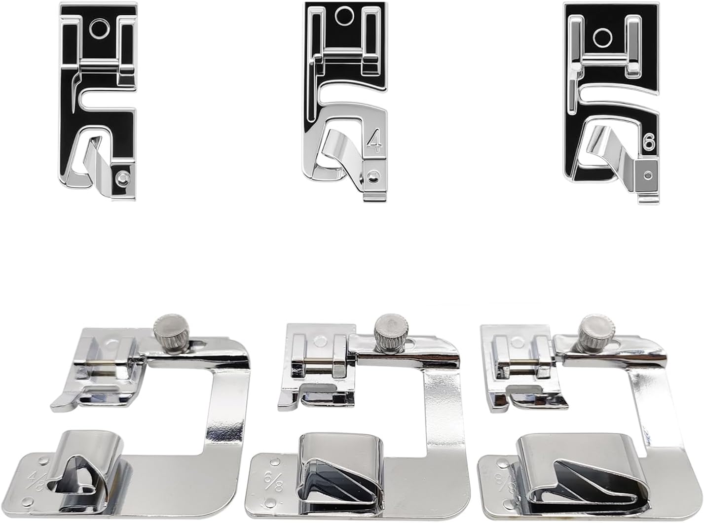 6 Size Rolled Hem Presser Foot Set Wide Rolled Hem Foot & Narrow Foot Hemmer Bonus a Adapter for Singer,Brother & Janome Low Shank Sewing Machines. Hemming Pressure Feet with Distinctive Sizes