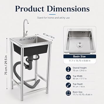 Utility Sink Free Standing Stainless Steel Single Bowl Kitchen Sink with 360 Rotatable Faucet and Strainer Basket Portable Sinks for Home Laundry Garage Commercial