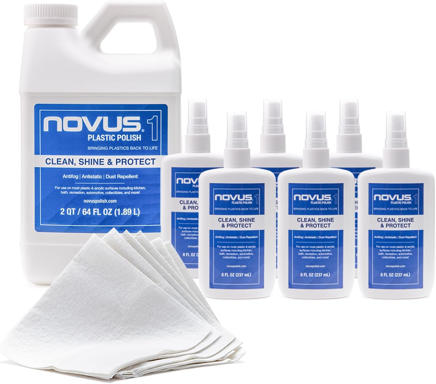 Novus Plastic Polish with 6 Count Polish Mates Pack | Plastic Clean & Shine #1 | 6 Pack, 8 Ounce Spray Bottles and 64 Ounce Refill Jug