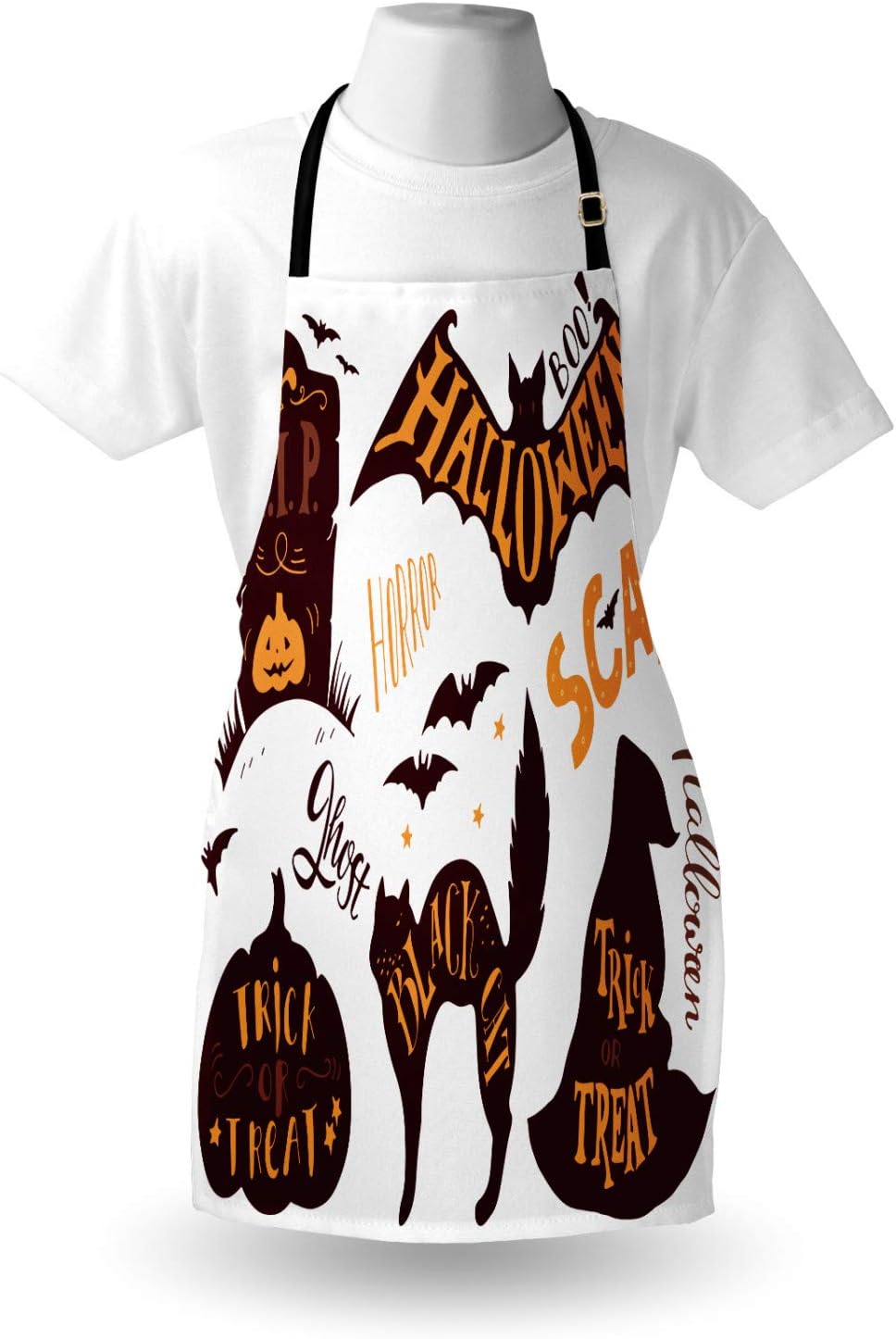 Lunarable Vintage Halloween Apron, Halloween Trick or Treat Bat Tombstone Ghost Candy Scary, Unisex Kitchen Bib Apron with Adjustable Neck for Cooking Baking Gardening, Dark Brown Orange