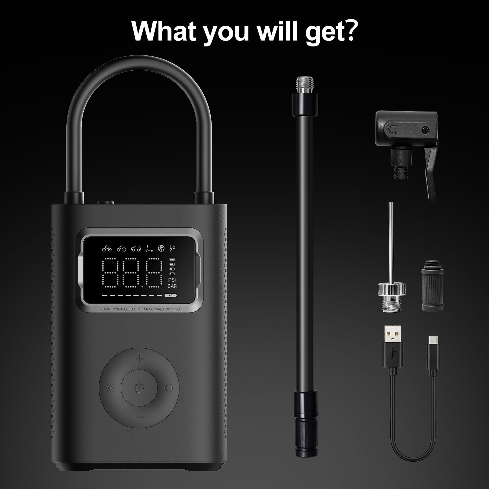 XIAOMI Portable Electric Air Compressor 2 Pro 150 PSI, Autoapagado, Luz LED y 4 Modos 45s Inflado Rápido,Pantalla Presión Bomba Eléctrica para Coche/Moto/Bicicleta