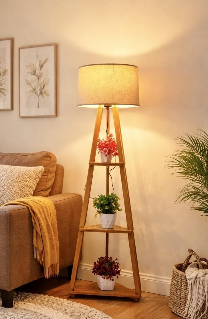 viora Home Wooden Tripod Floor Lamp with 3 Shelves, Modern Standing Lamp with Fabric Shade, Decorative Shelf Floor Lamp for Living Room, Bedroom & Home Décor..-image-13