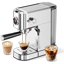 20Bar Espresso Machine, Compact Espresso Maker with Milk Frother, Stainless Steel Coffee Machine for Cappuccino&amp;Latte, 42oz Water Tank, Visible Pressure Gauge, Home&amp;Office, Silver