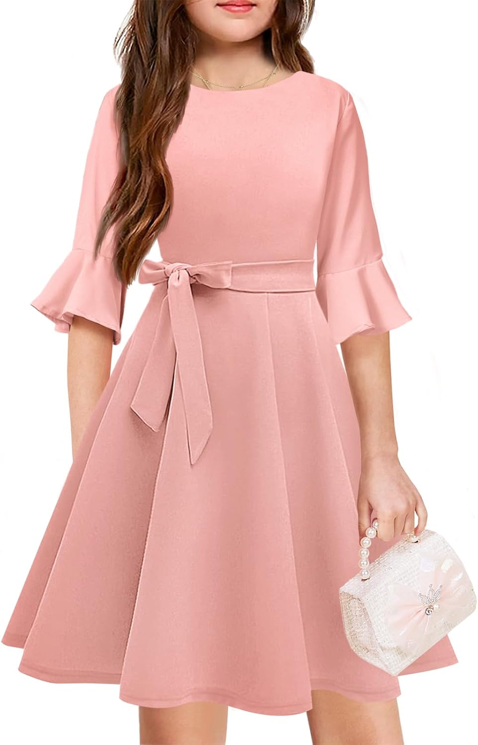 Girls Spring Summer Dresses Formal 2026 Fashion Belt Fit Knee High Modest Big Kids Midi Teen Dresses Outfits
