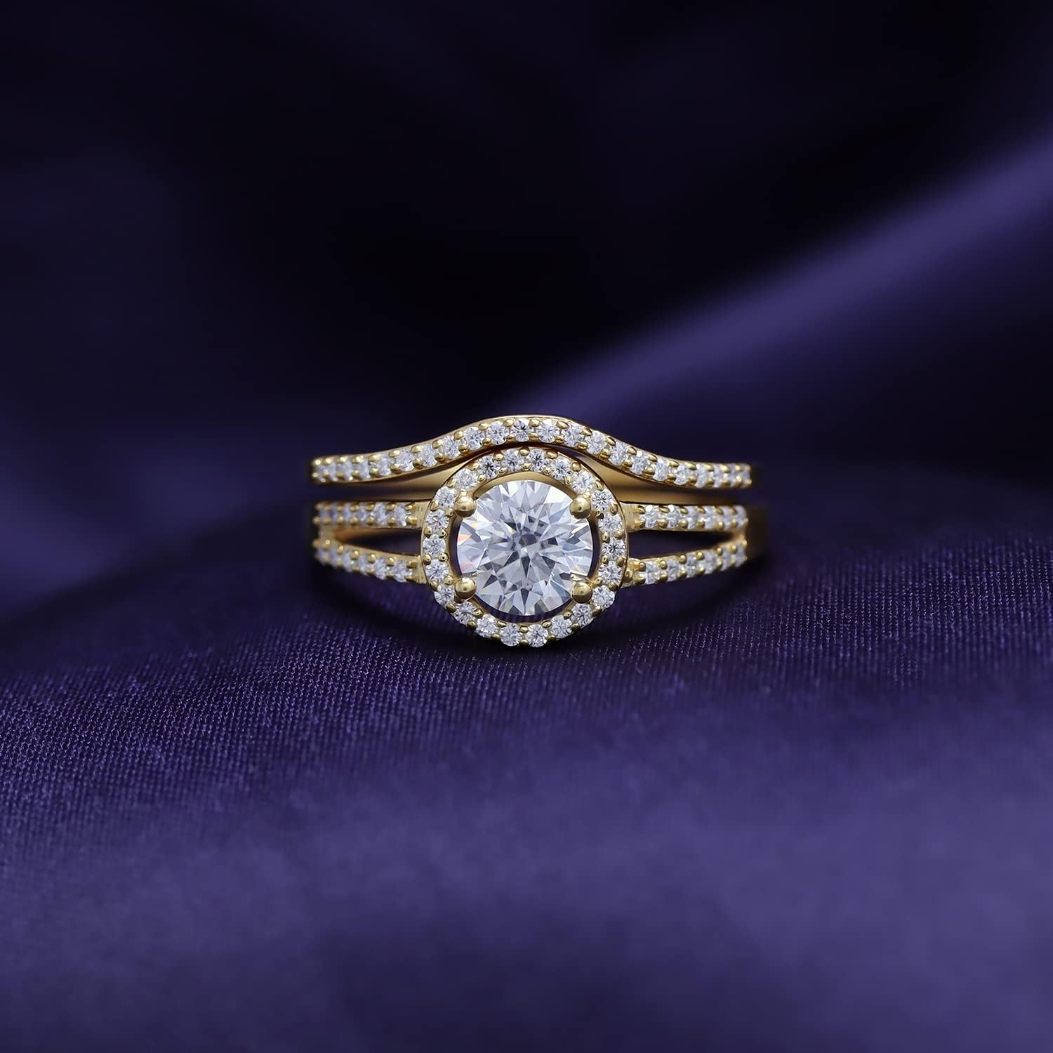 SAVEARTH DIAMONDS 1 Carat Center 6MM Round Cut Lab Created Moissanite Diamond Halo Split Shank Bridal Set Engagement Ring In 14K Gold Over Sterling Silver (VVS1 Clarity, 1 Cttw)