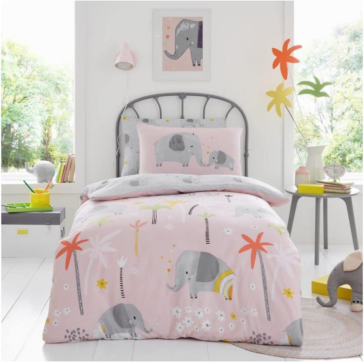 Fairwayuk Boys Elephant Friends Single Duvet Cover Set, Reversible Quilt, Kids Bedding Set With Pillow Case, Poly-Cotton, Easy Care, 137X200cm
