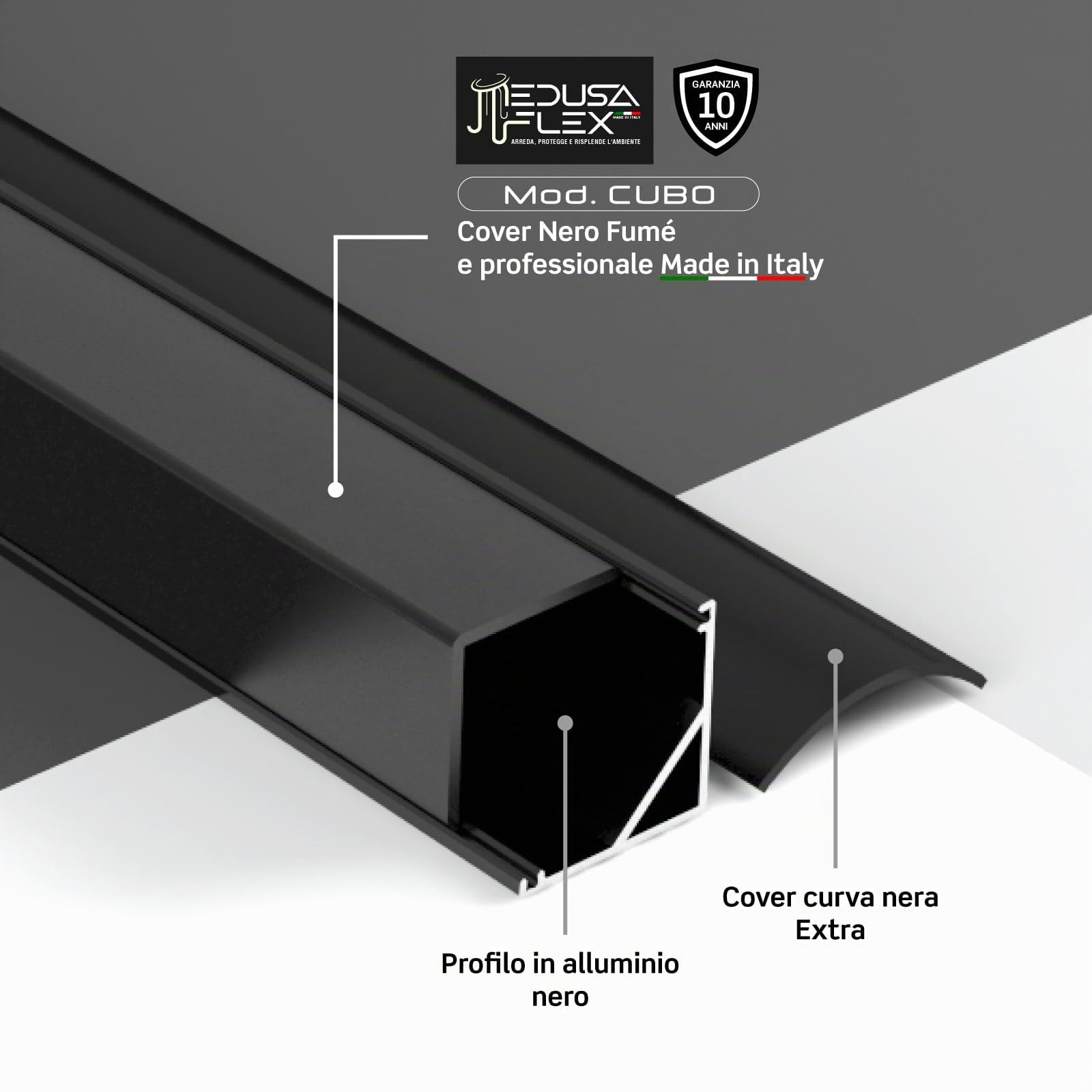 Profilo Alluminio Nero Angolare per Strisce LED con copertura Professionale Nera Made in Italy MedusaFlex CUBO in Policarbonato - Pacco da 5 (10m) 2000 x 15.8 x 15.8mm - Cover standard nera inclusa