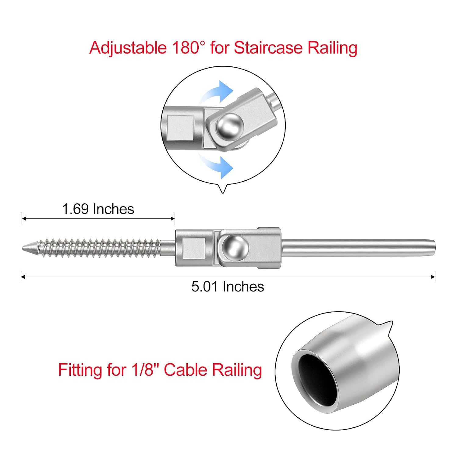[Patent Design] CKE Upgraded 40 Pack T316 Stainless Steel 180° Adjustable Angle Swage Lag Screws Left & Right for 1/8" Wire Rope Cable Railing Kit Hardware for Wood Post, Marine Grade CR202
