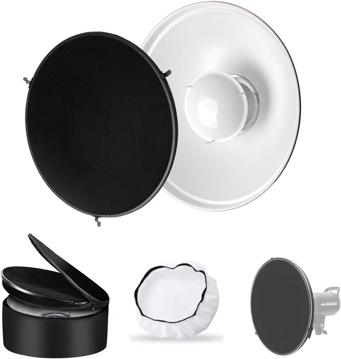Godox 16.5inch/42cm White Beauty Dish Bowens Mount Reflector w/Honeycomb,White Diffuser and Carry Bag, Light Modifier for Bowens Mount Monolight for Godox SK400II, AD600Pro, AD600BM, MS300