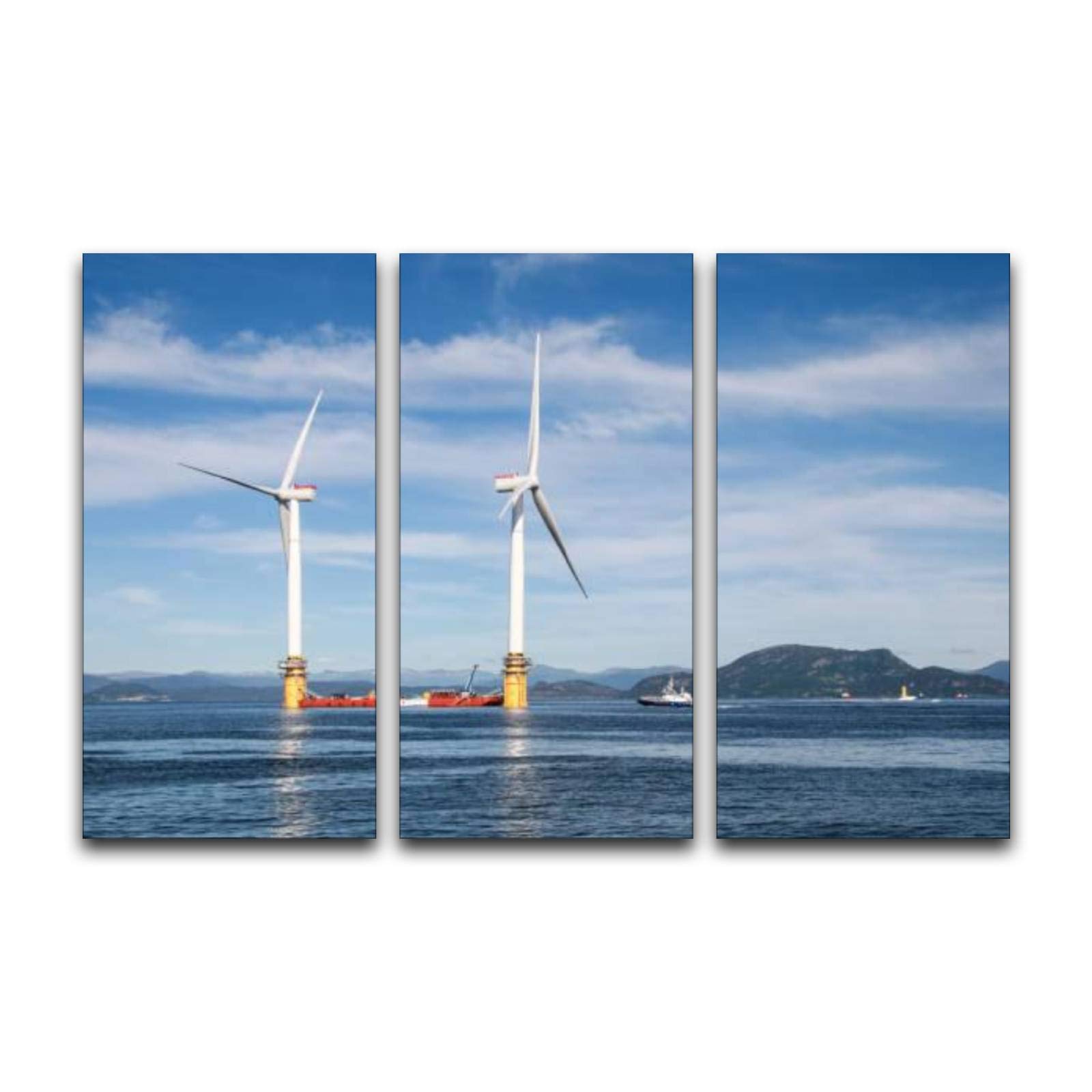 Canvas Print Wall Art for Living Room,Bedroom 3 Panel Canvas Prints Picture Modern Decoration Stord Norway June 27 2017 two of five floating wind turbines being Ready to Hang 16*32 inches